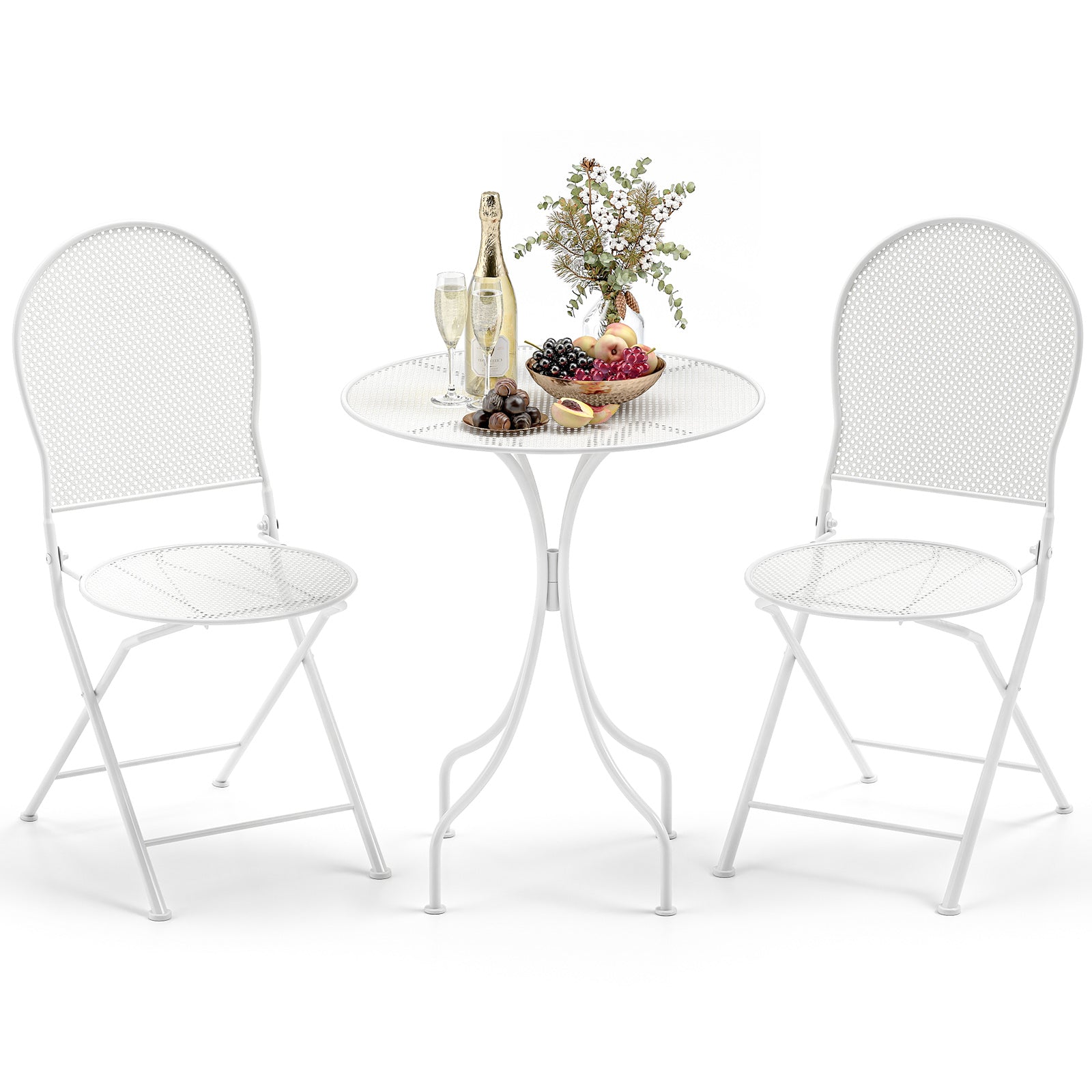 Ensemble bistrot 3 pièces en métal avec table ronde et 2 chaises pliantes - Blanc