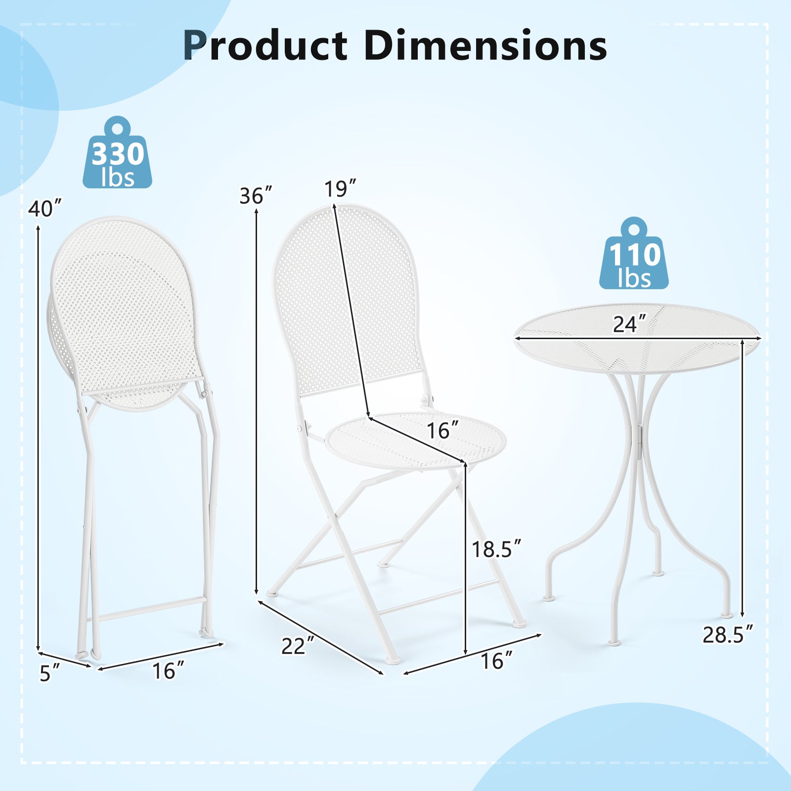 Ensemble bistrot 3 pièces en métal avec table ronde et 2 chaises pliantes - Blanc