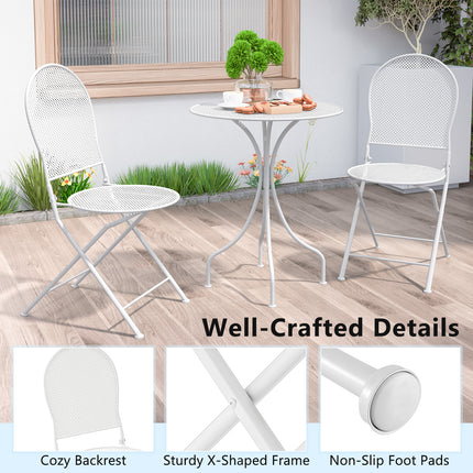 3 Piece Metal Bistro Patio Round Table and 2 Folding Chairs Set-White
