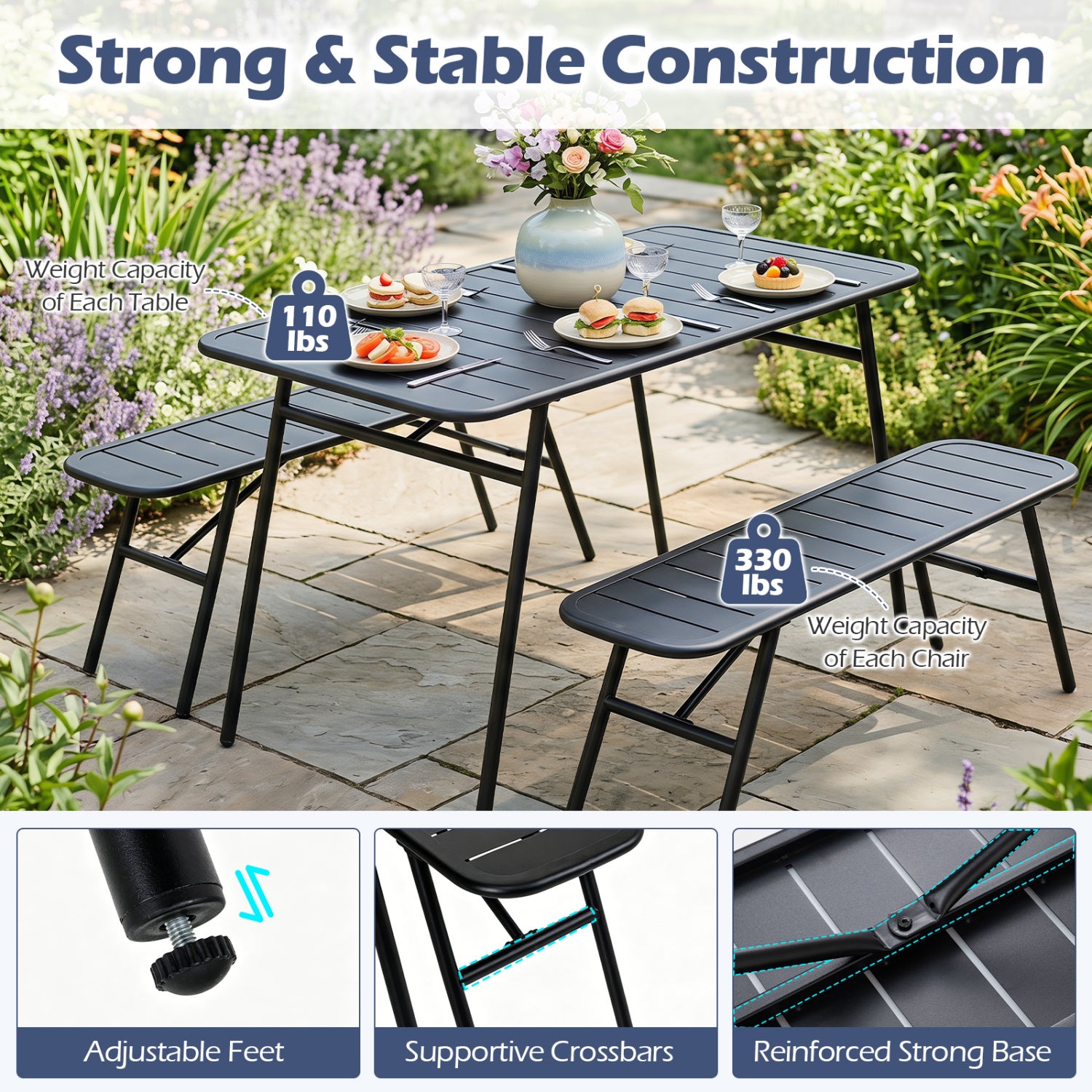 3-Piece Outdoor Dining Set with Coffee Table and 2 Benches for Backyard Deck-Black