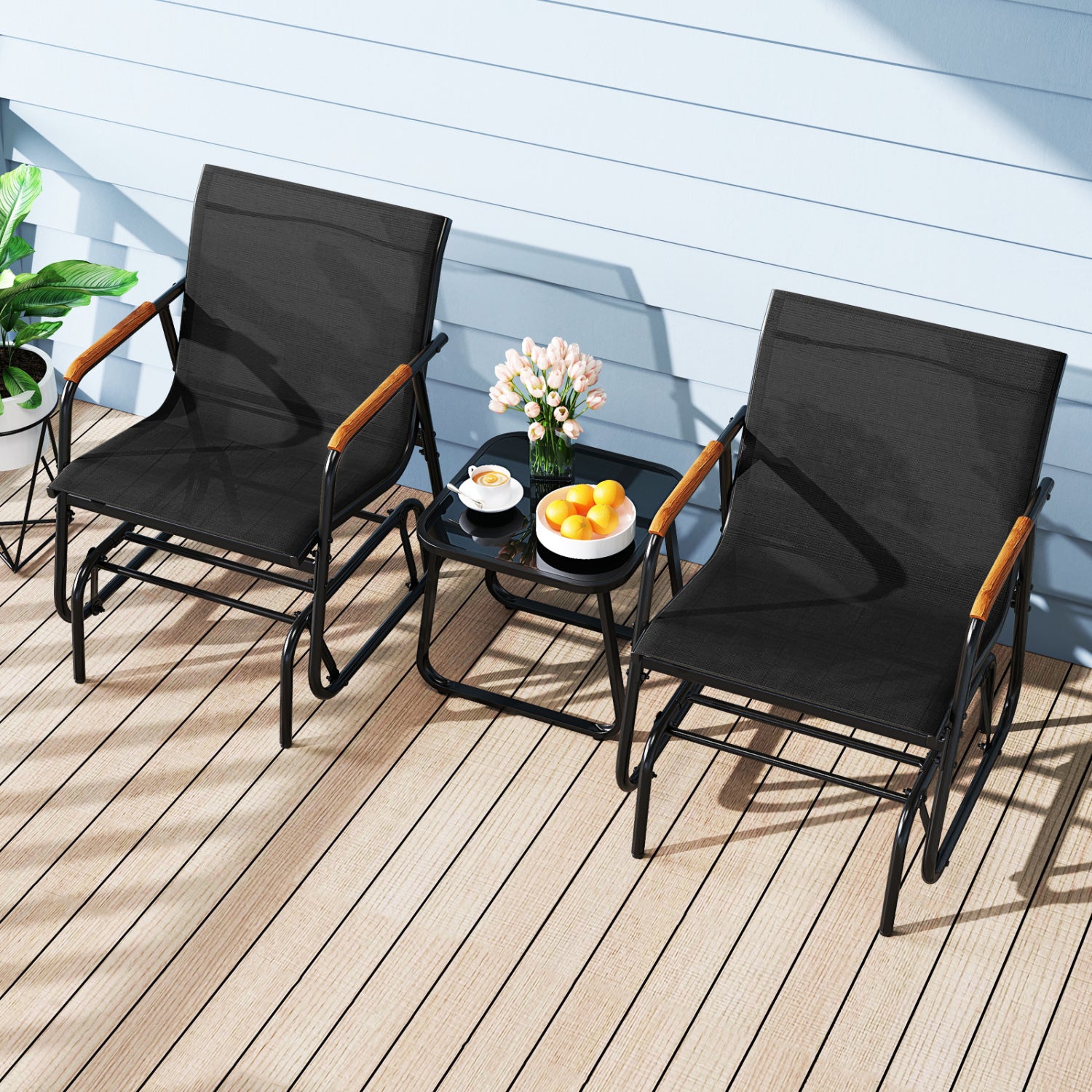 3-Piece Outdoor Glider Bistro Set with Tempered Glass Top and Metal Frame-Black