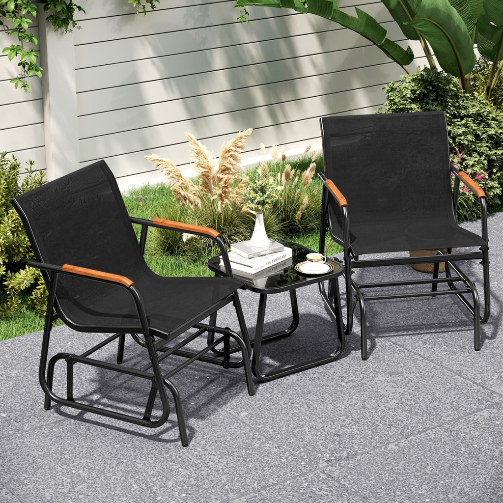 3-Piece Outdoor Glider Bistro Set with Tempered Glass Top and Metal Frame-Black