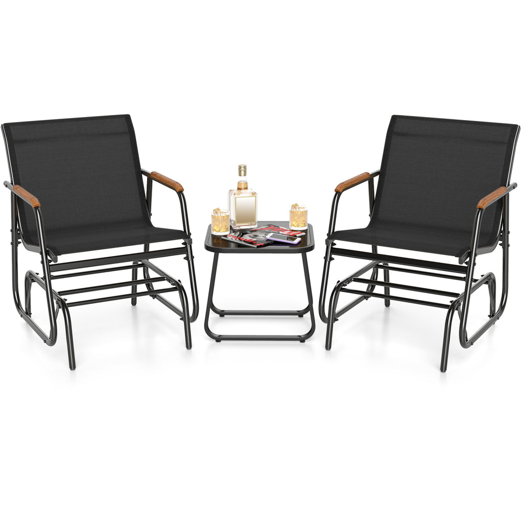3-Piece Outdoor Glider Bistro Set with Tempered Glass Top and Metal Frame-Black
