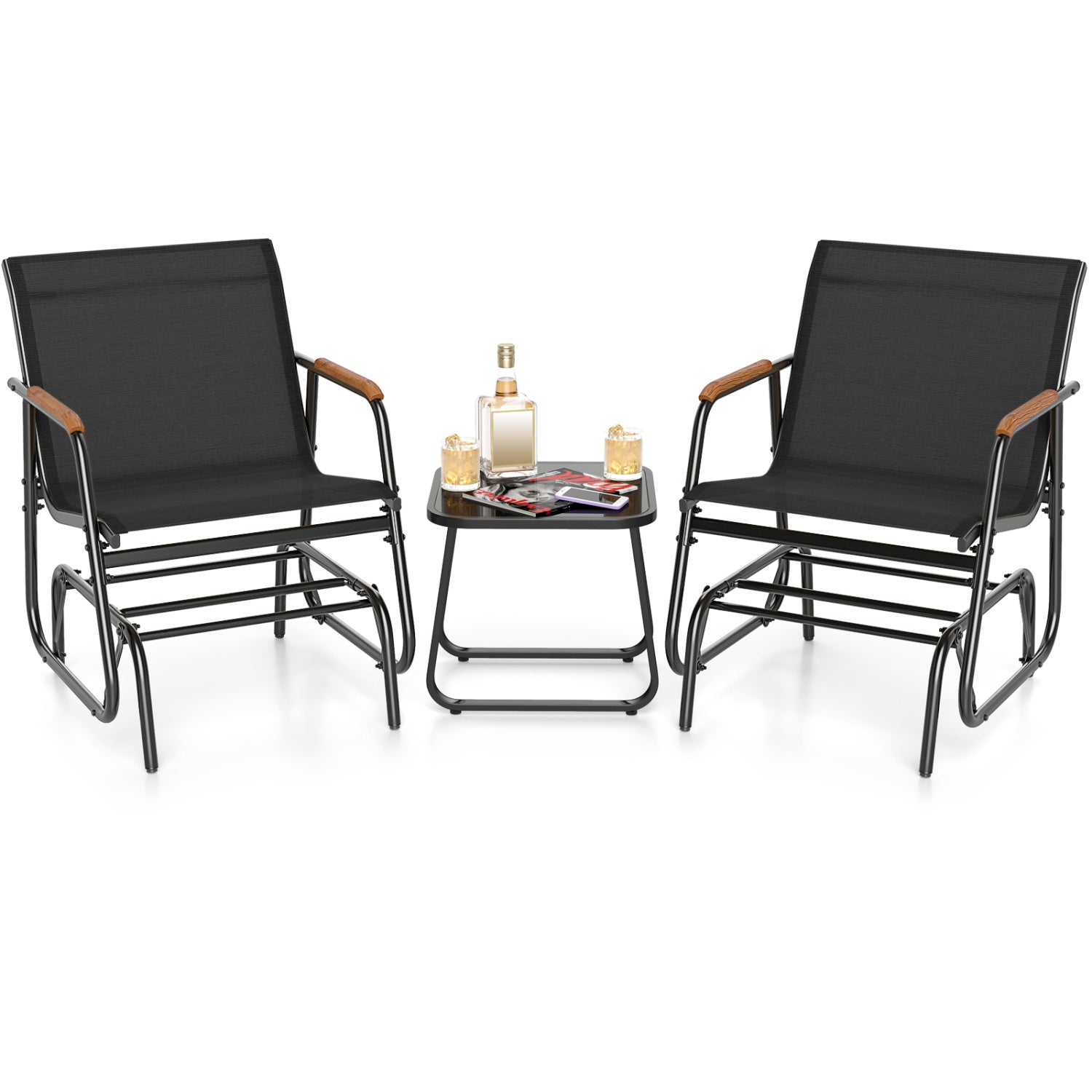 3-Piece Outdoor Glider Bistro Set with Tempered Glass Top and Metal Frame-Black