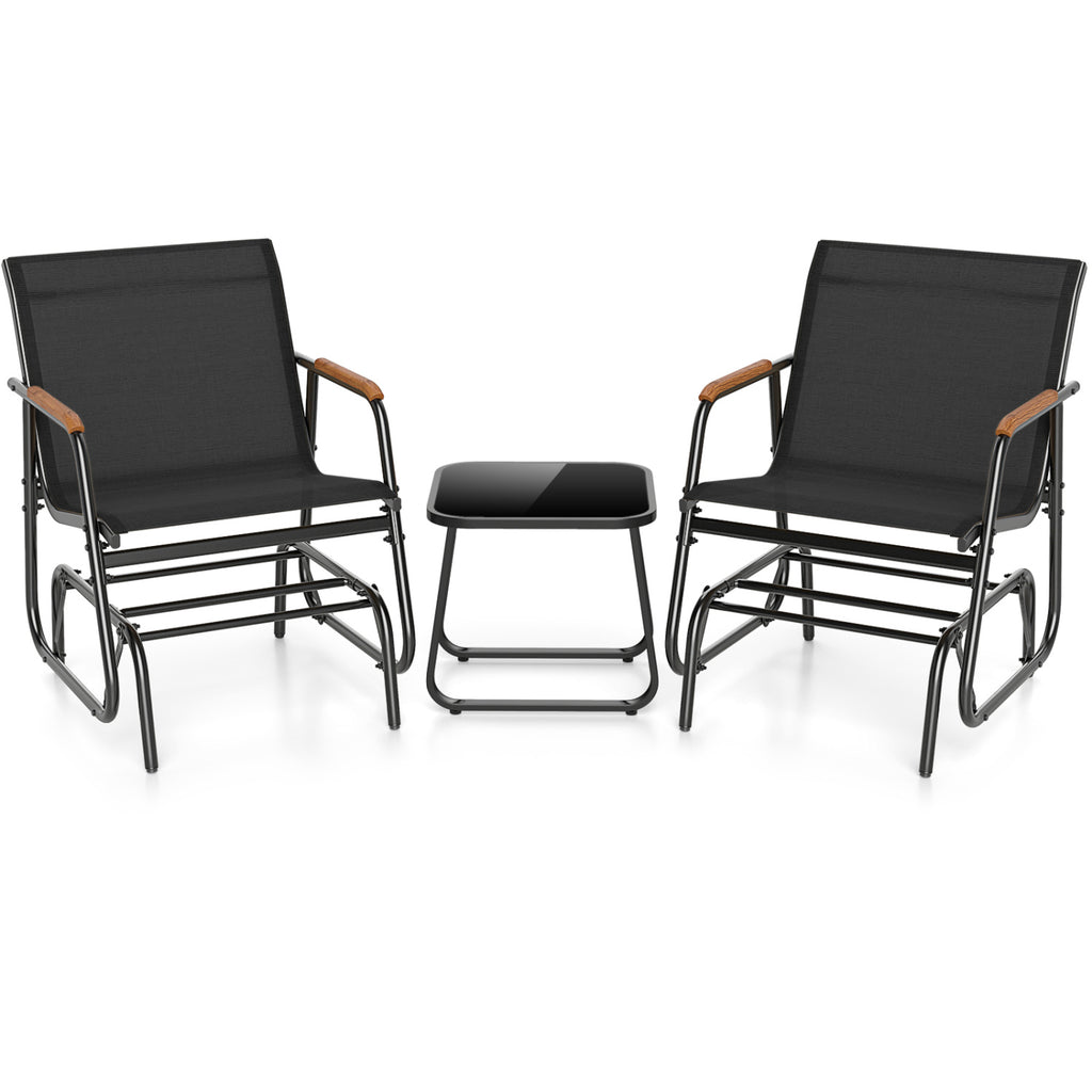 3-Piece Outdoor Glider Bistro Set with Tempered Glass Top and Metal Frame-Black
