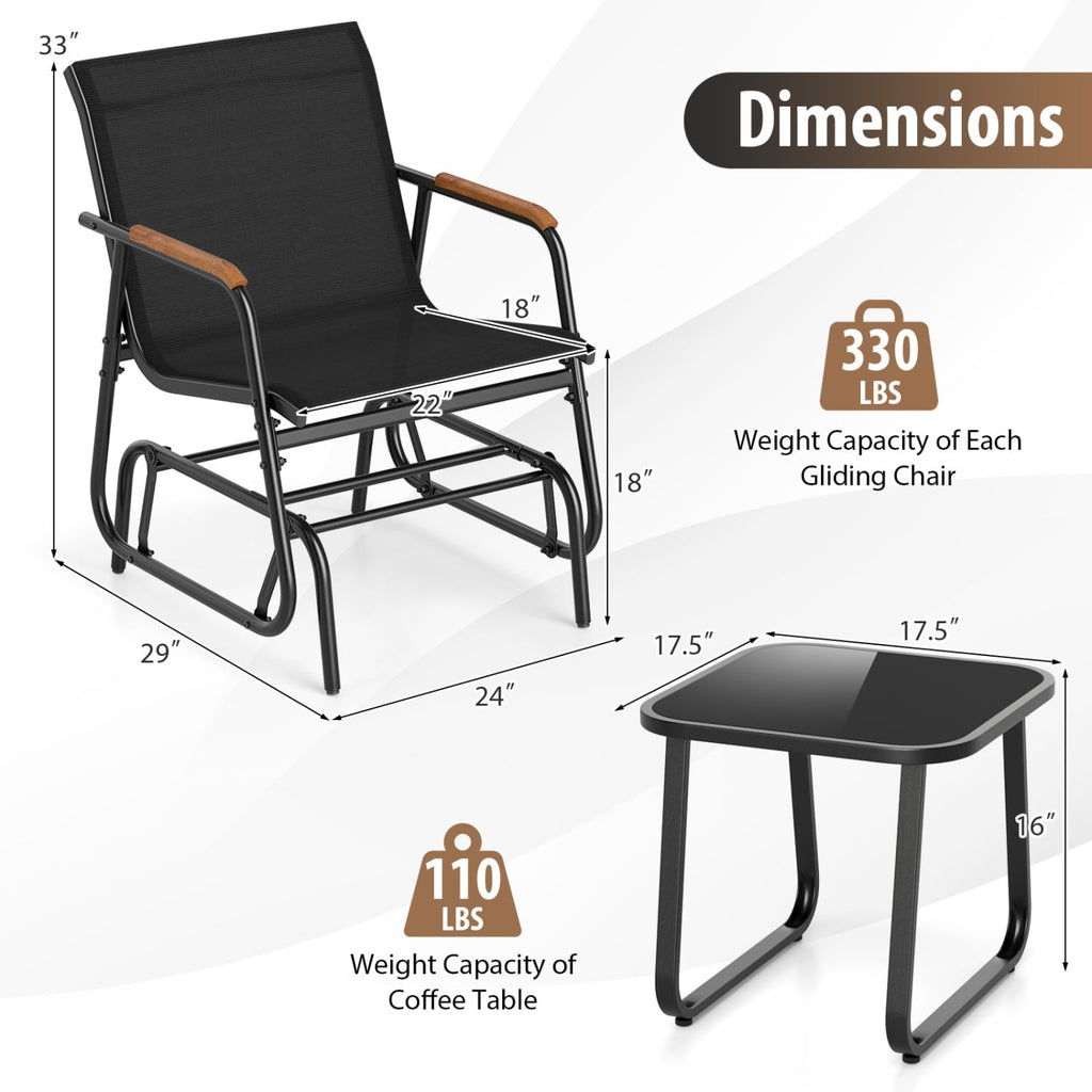 3-Piece Outdoor Glider Bistro Set with Tempered Glass Top and Metal Frame-Black