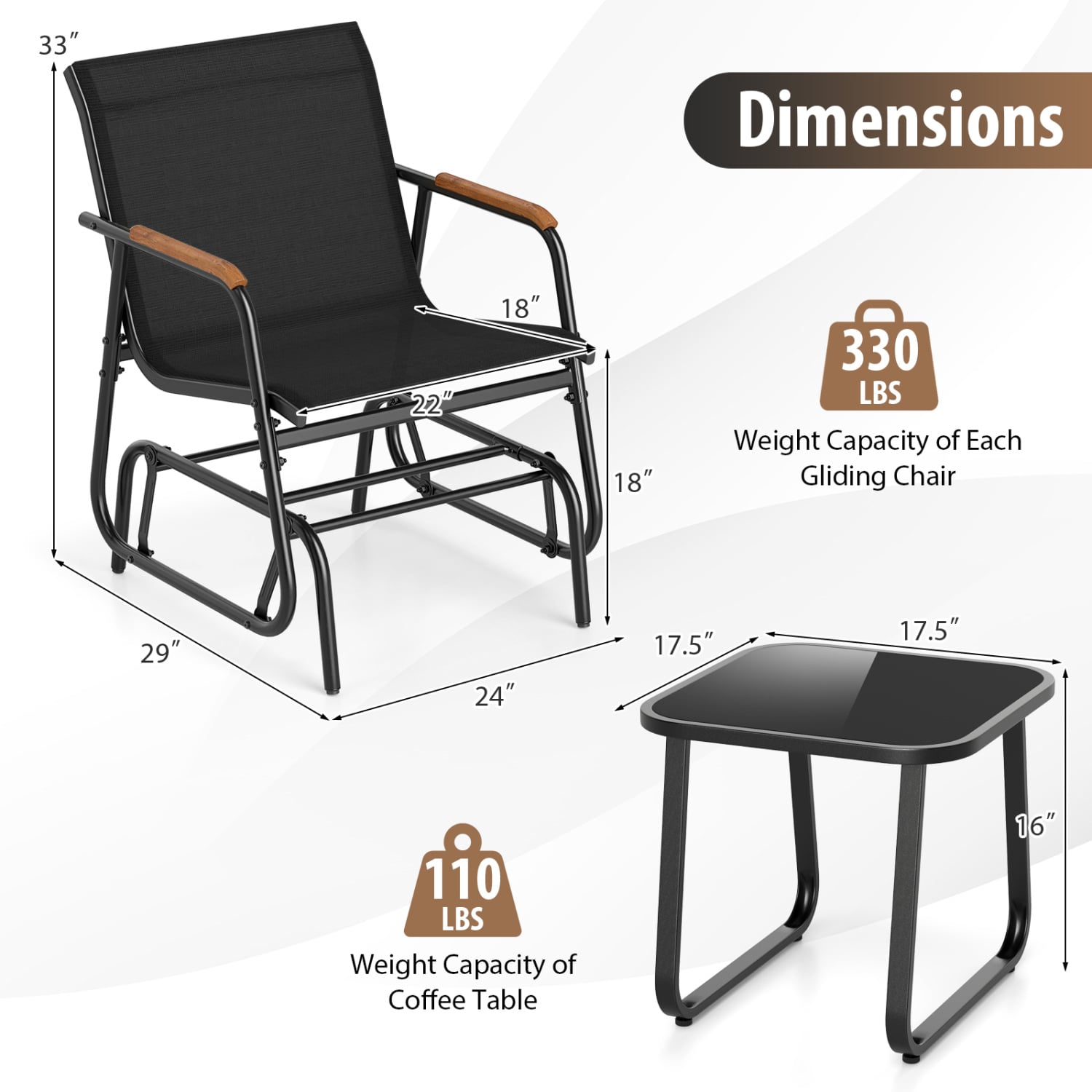 3-Piece Outdoor Glider Bistro Set with Tempered Glass Top and Metal Frame-Black