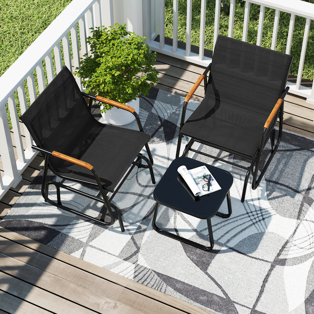 3-Piece Outdoor Glider Bistro Set with Tempered Glass Top and Metal Frame-Black