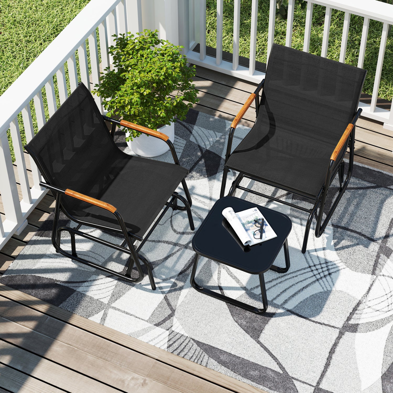 3-Piece Outdoor Glider Bistro Set with Tempered Glass Top and Metal Frame-Black