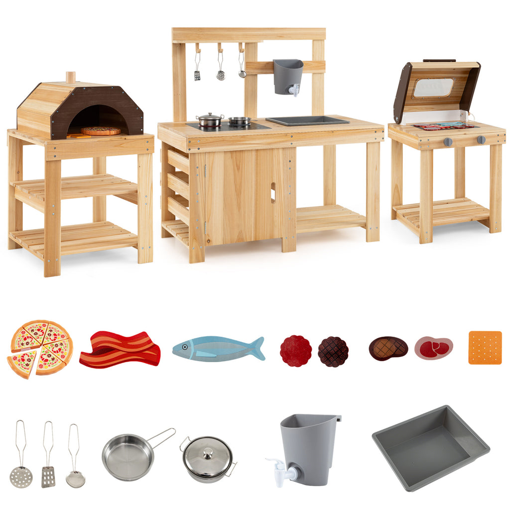 3-Piece Outdoor Kitchen Set Mud Kitchen with Separate BBQ Grill and Pizza Oven-Natural