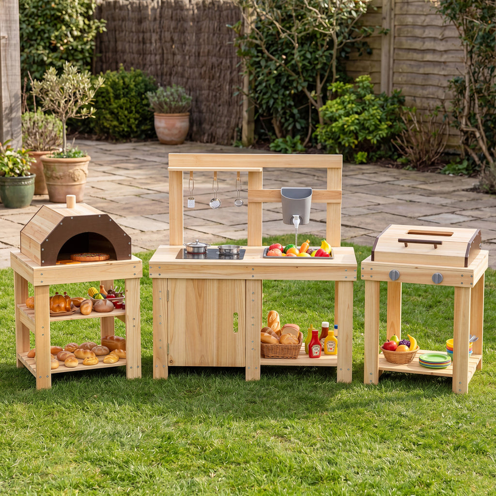3-Piece Outdoor Kitchen Set Mud Kitchen with Separate BBQ Grill and Pizza Oven-Natural
