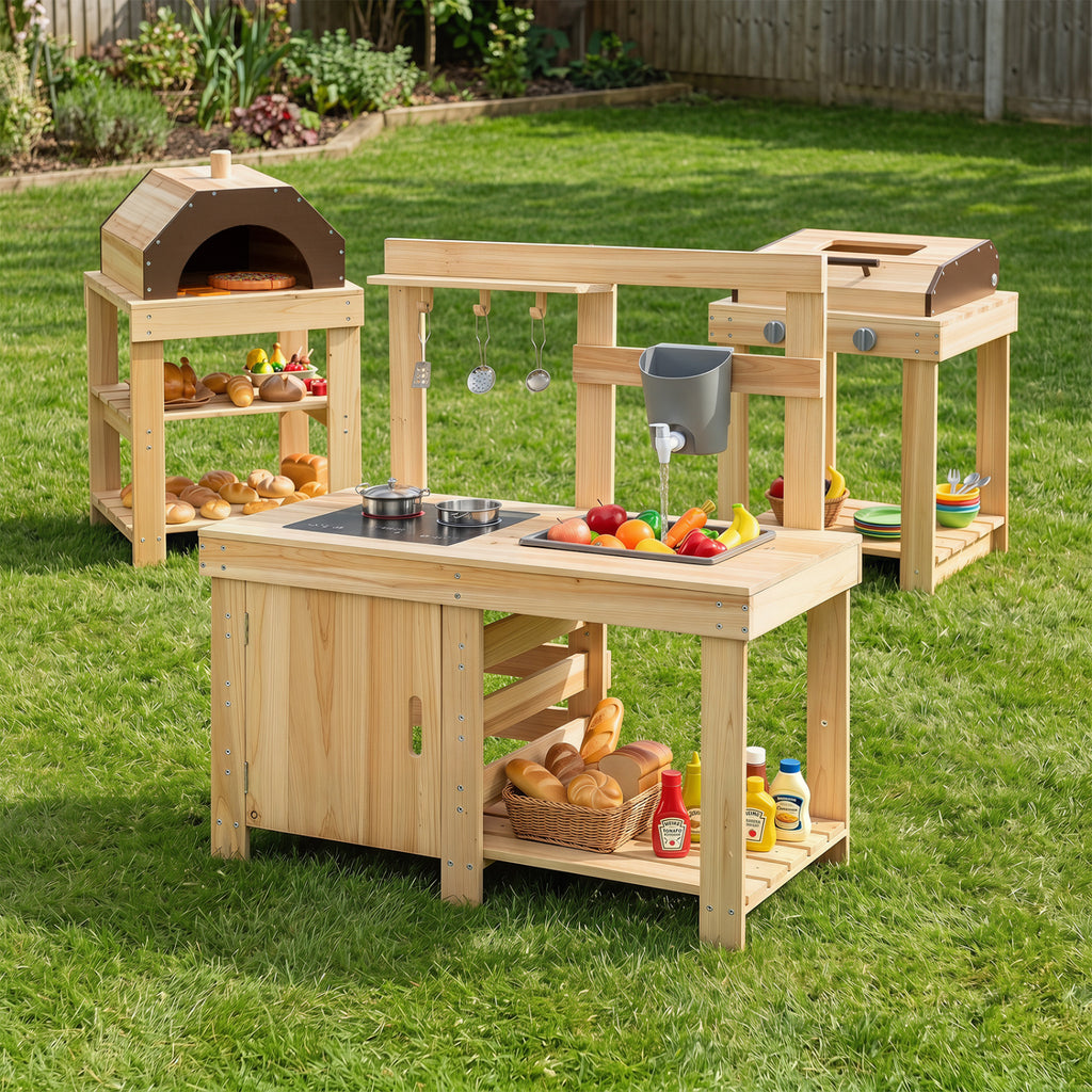 3-Piece Outdoor Kitchen Set Mud Kitchen with Separate BBQ Grill and Pizza Oven-Natural