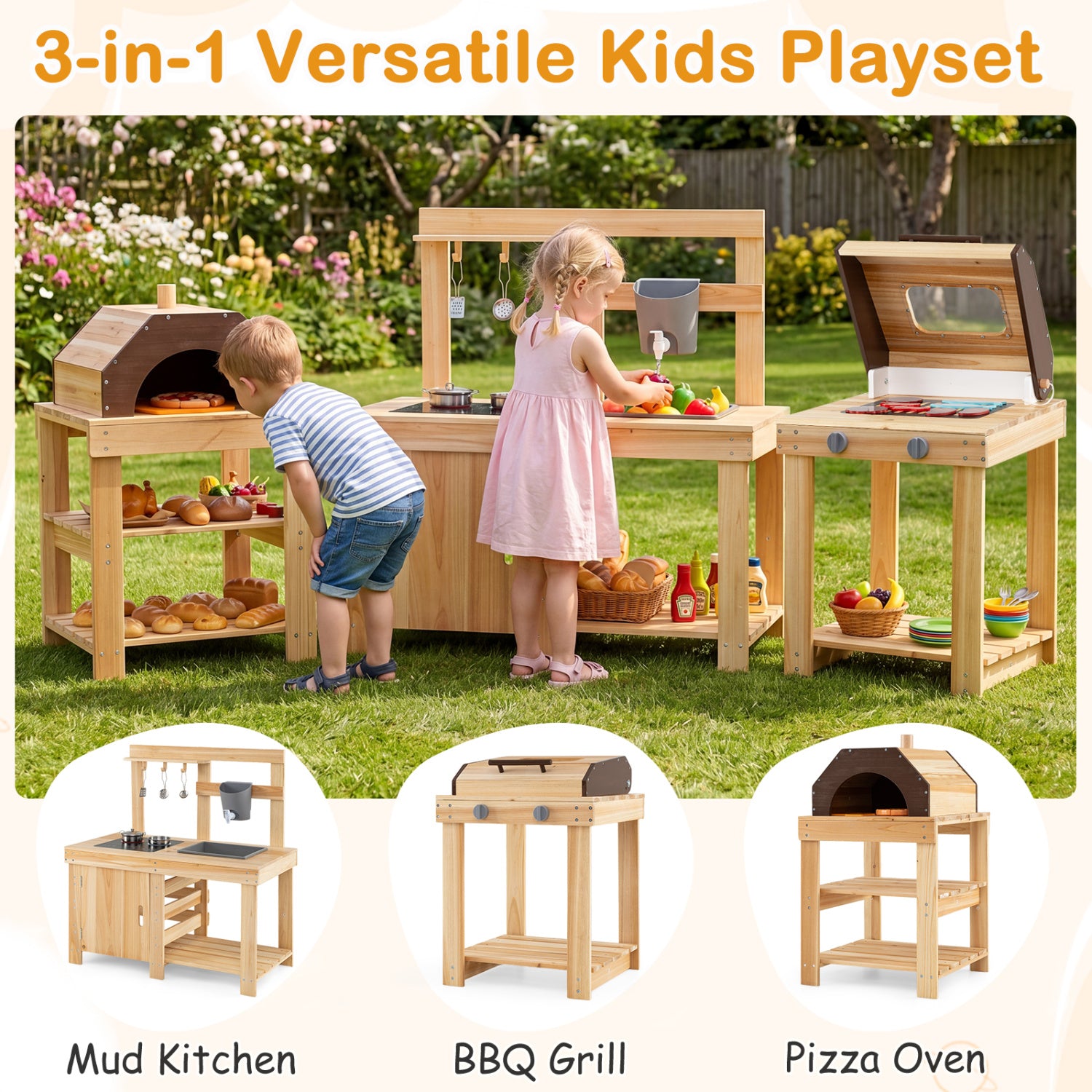3-Piece Outdoor Kitchen Set Mud Kitchen with Separate BBQ Grill and Pizza Oven-Natural