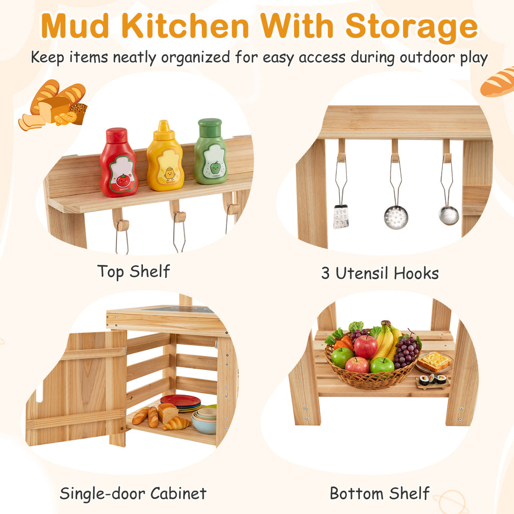 3-Piece Outdoor Kitchen Set Mud Kitchen with Separate BBQ Grill and Pizza Oven-Natural