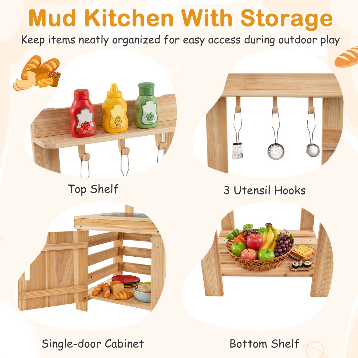 3-Piece Outdoor Kitchen Set Mud Kitchen with Separate BBQ Grill and Pizza Oven-Natural