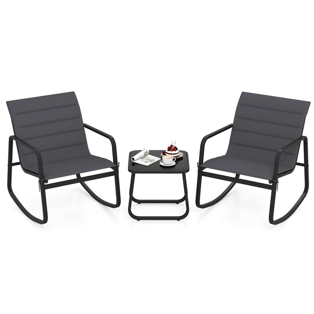 3 Piece Outdoor Rocking Bistro Set Porch Rocker Chairs with Tempered Glass TableGray