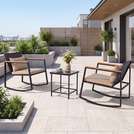 3-Piece Outdoor Rocking Bistro Set with Soft Cushions & Tempered Glass Table-Brown & Black
