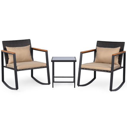 3-Piece Outdoor Rocking Bistro Set with Soft Cushions & Tempered Glass Table-Brown & Black