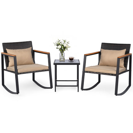 3-Piece Outdoor Rocking Bistro Set with Soft Cushions and Tempered Glass Table-Brown