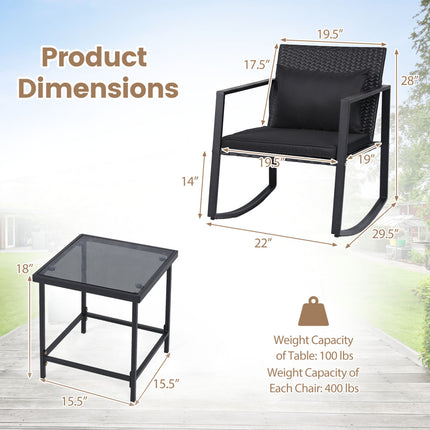 3-Piece Outdoor Rocking Bistro Set with Soft Cushions and Tempered Glass Table-Dark