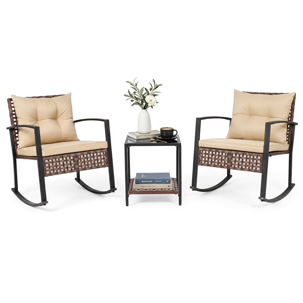 3-Piece Outdoor Rocking Chair Set-Brown