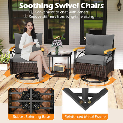 3 Piece Outdoor Swivel Chair Set with Tempered Glass Side Table-Gray