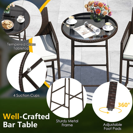 3 Piece Patio Bar Set Outdoor Wicker Bar Height Table and Armchairs-White