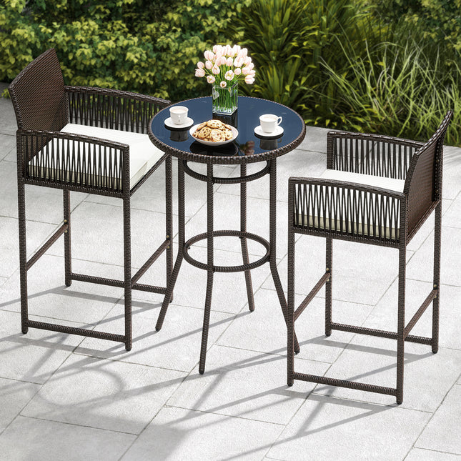 3 Piece Patio Bar Set Outdoor Wicker Bar Height Round Table and Armchairs-White