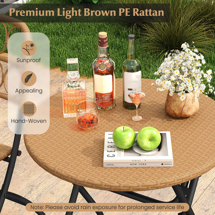 3 Piece Patio Bistro Set Folding Round Table and Chairs with Wicker Seat