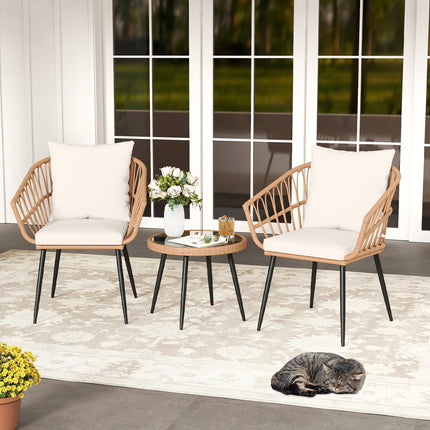 3 Piece Patio Bistro Set with PE Rattan Wicker Chairs and Tempered Glass Coffee Table-Natural