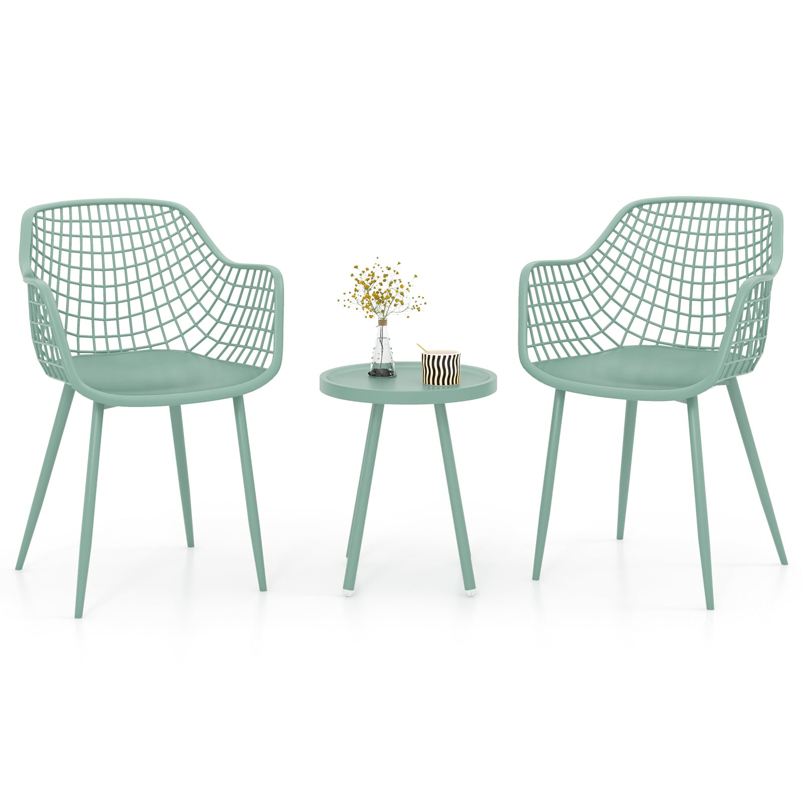 Ensemble de 3 chaises de patio avec sièges et plateau de table en PP pour porche-Vert