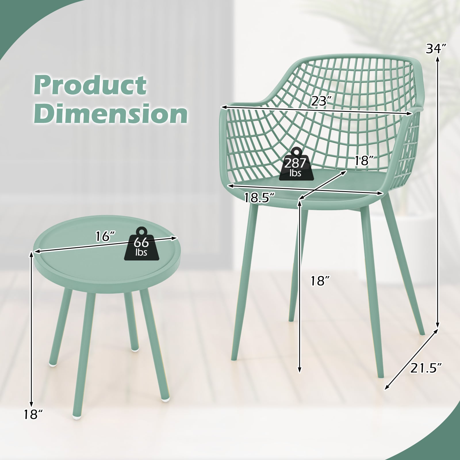 Ensemble de 3 chaises de patio avec sièges et plateau de table en PP pour porche-Vert