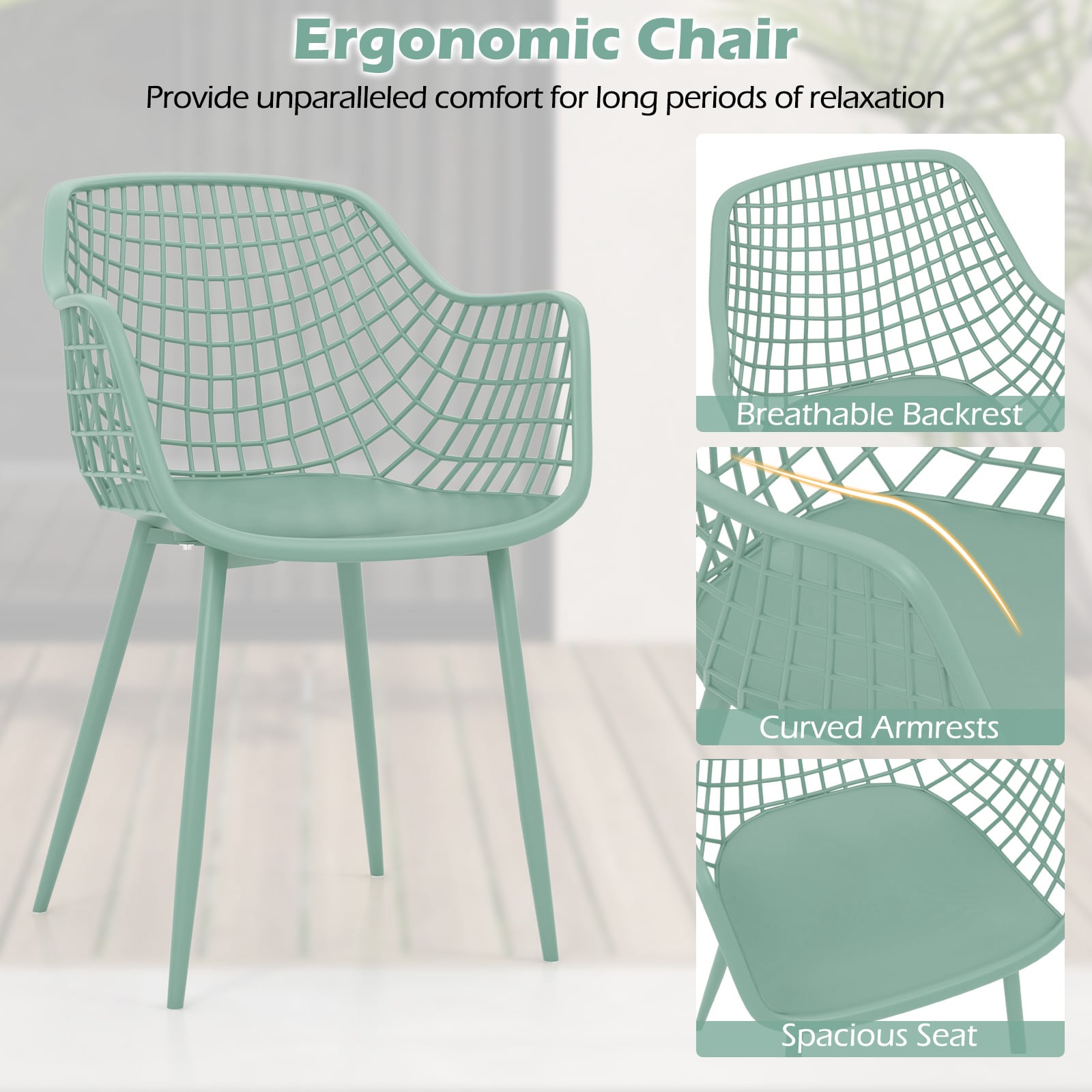 Ensemble de 3 chaises de patio avec sièges et plateau de table en PP pour porche-Vert
