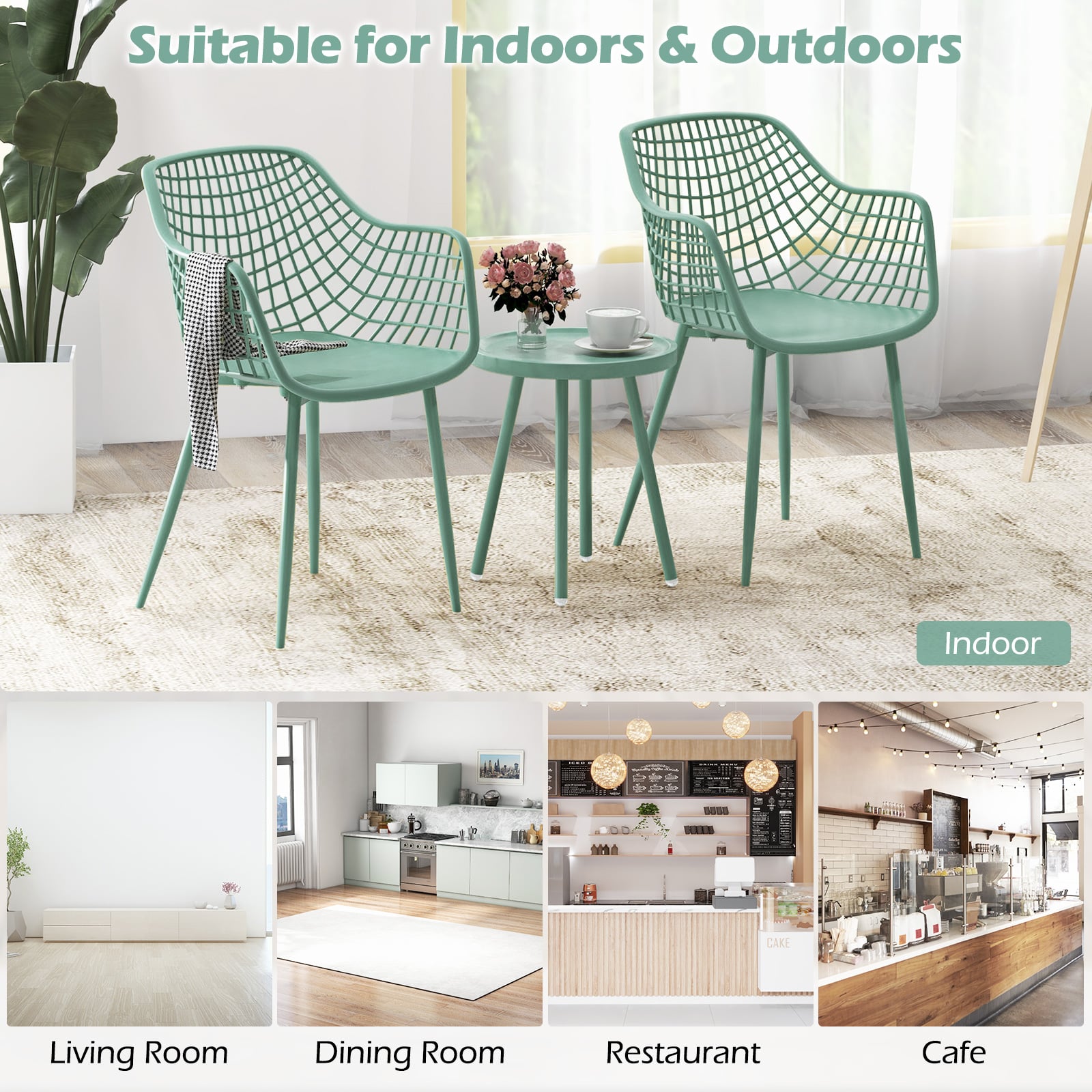 Ensemble de 3 chaises de patio avec sièges et plateau de table en PP pour porche-Vert