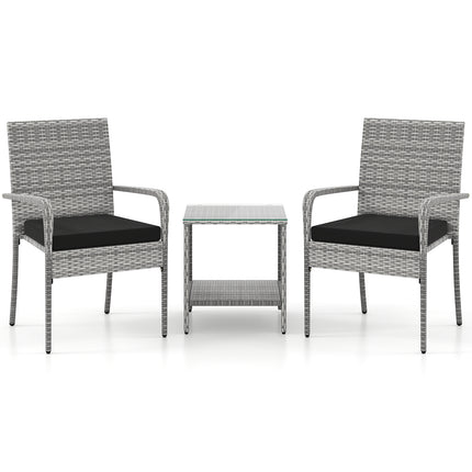 3 Piece Patio Furniture Set with Seat Cushions and Tempered Glass Tabletop for Balcony-Black