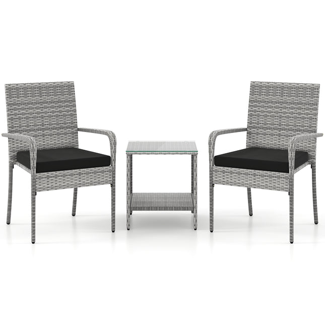 3 Piece Patio Furniture Set with Seat Cushions and Tempered Glass Tabletop for Balcony-Black