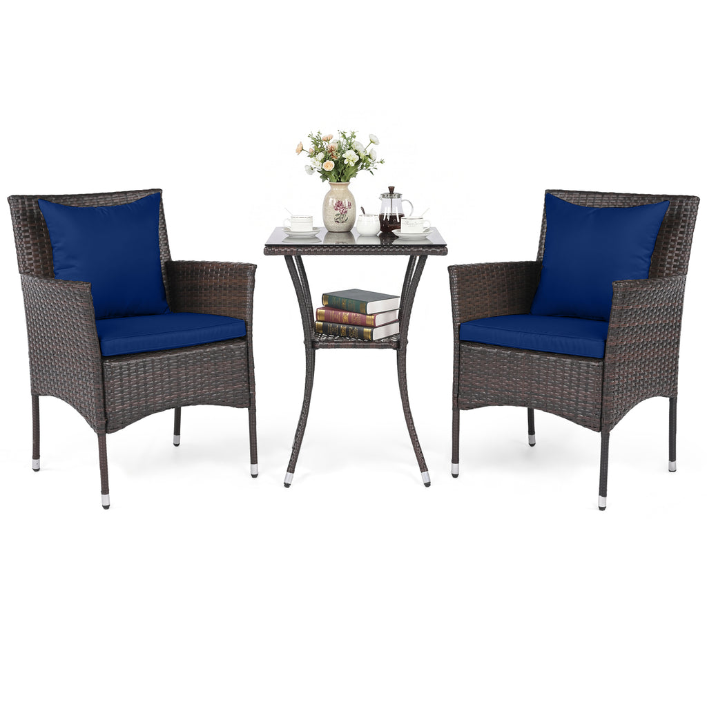 3-Piece Patio Furniture Set Rattan Bistro Chairs with 2-Tier Tempered Glass Side Table-Navy