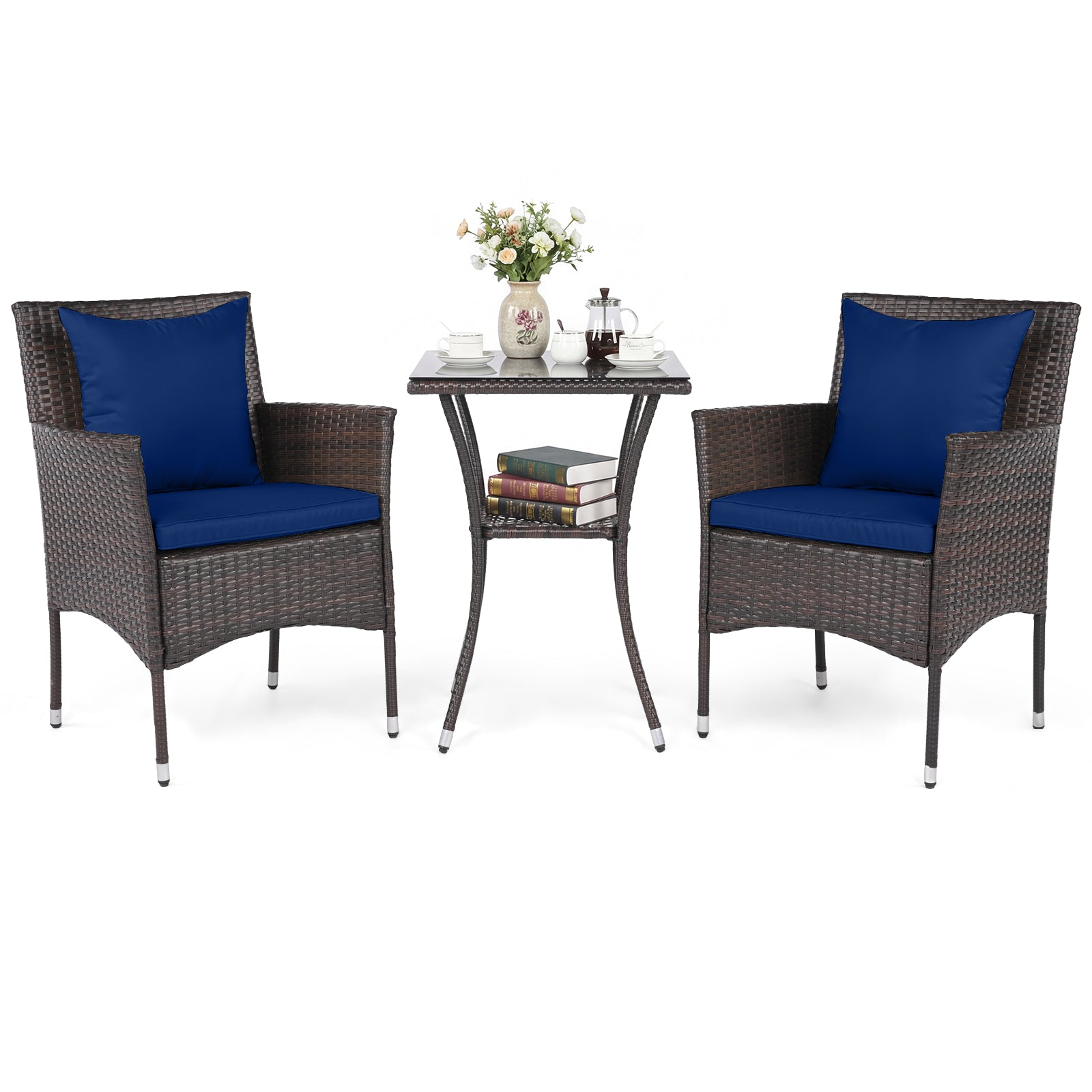 3-Piece Patio Furniture Set Rattan Bistro Chairs with 2-Tier Tempered Glass Side Table-Navy