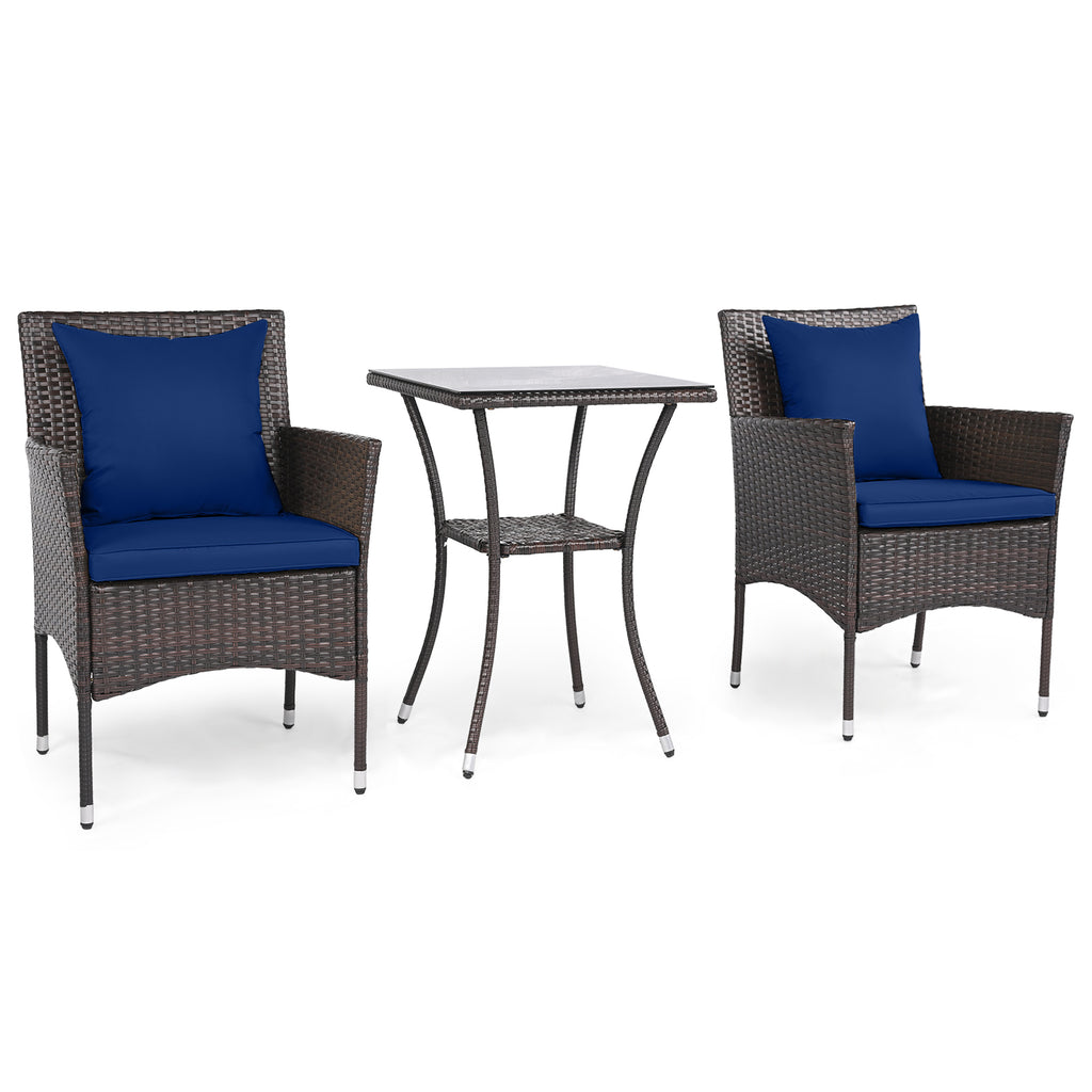 3-Piece Patio Furniture Set Rattan Bistro Chairs with 2-Tier Tempered Glass Side Table-Navy