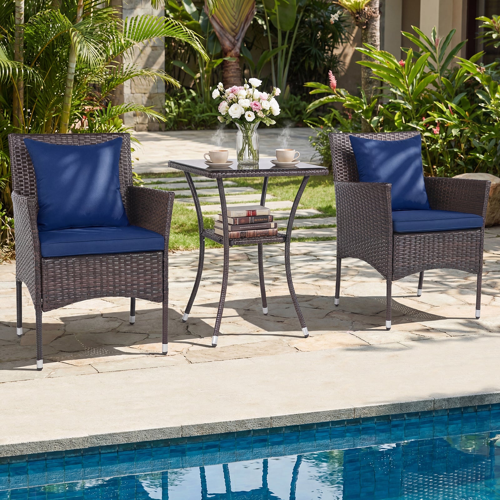 3-Piece Patio Furniture Set Rattan Bistro Chairs with 2-Tier Tempered Glass Side Table-Navy