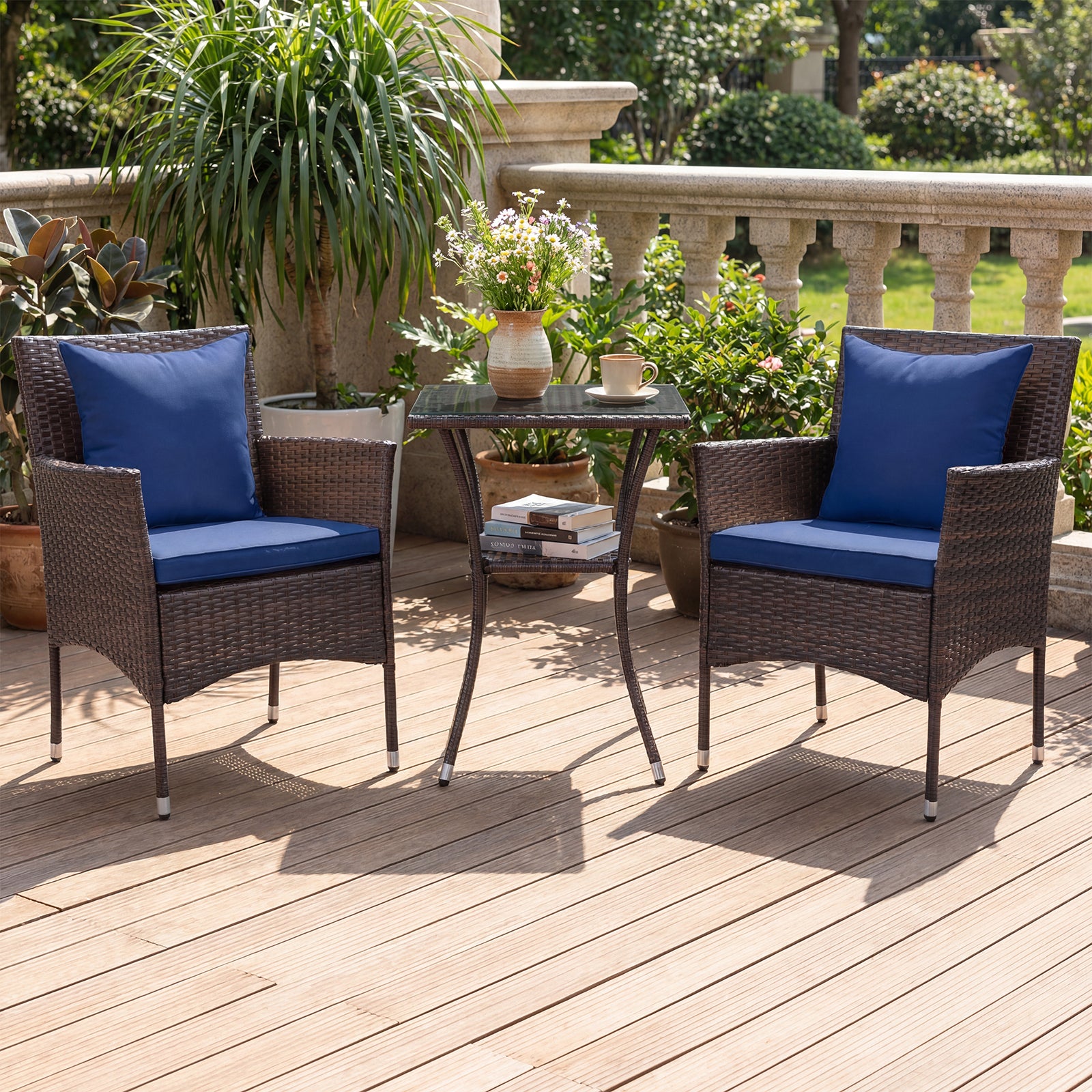 3-Piece Patio Furniture Set Rattan Bistro Chairs with 2-Tier Tempered Glass Side Table-Navy