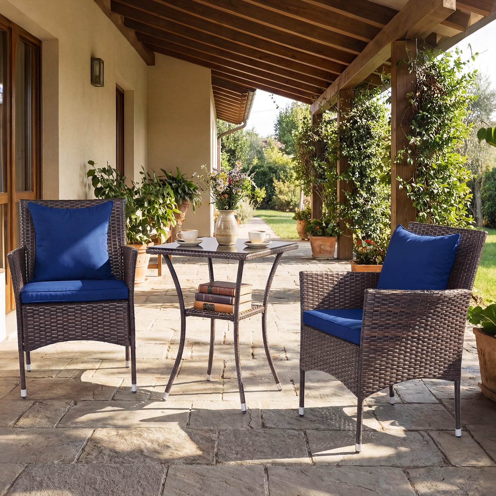 3-Piece Patio Furniture Set Rattan Bistro Chairs with 2-Tier Tempered Glass Side Table-Navy