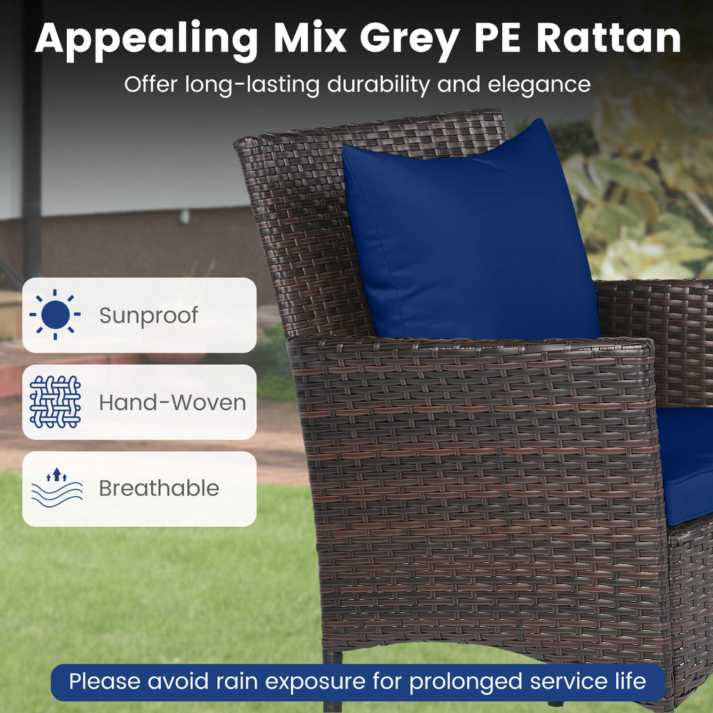 3-Piece Patio Furniture Set Rattan Bistro Chairs with 2-Tier Tempered Glass Side Table-Navy