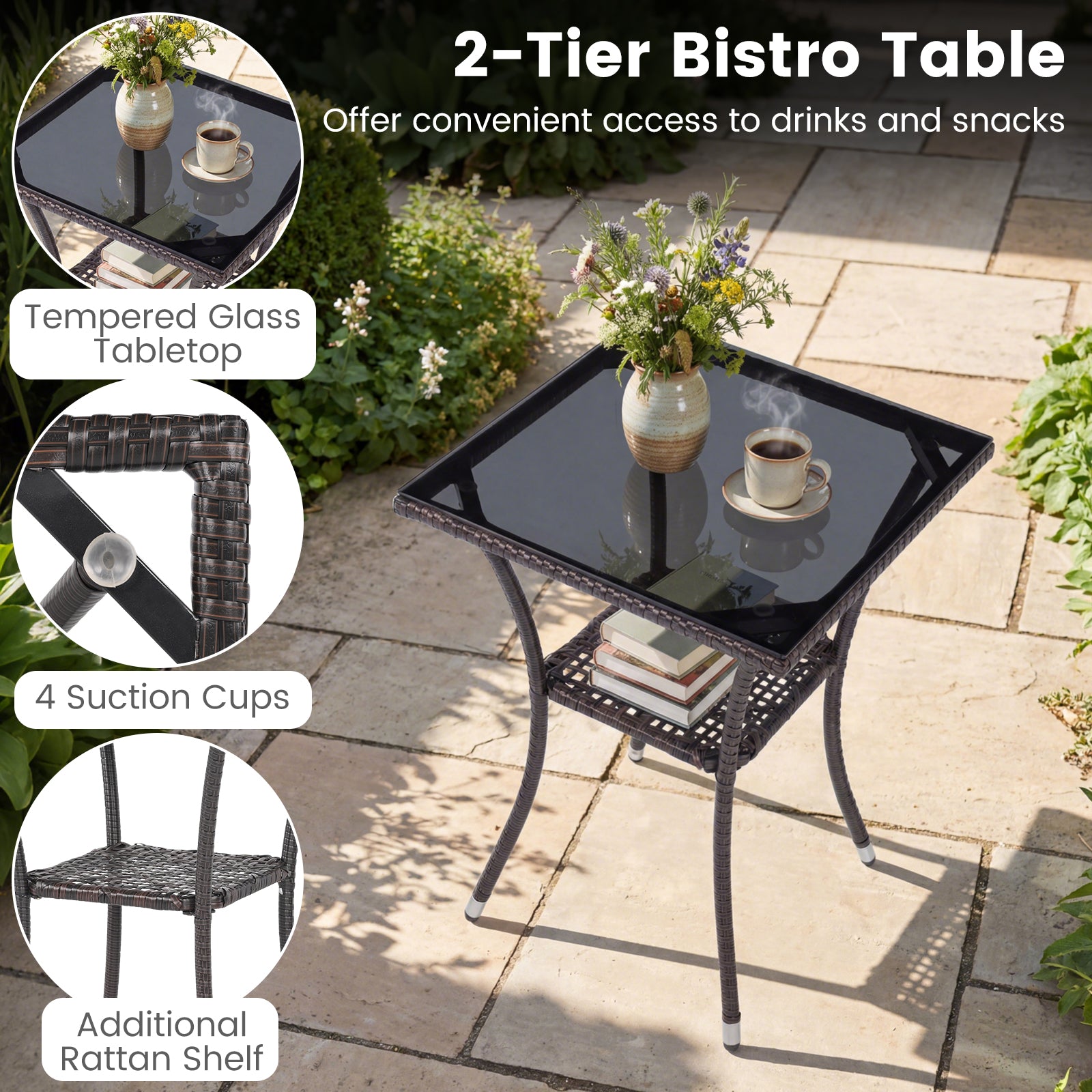 3-Piece Patio Furniture Set Rattan Bistro Chairs with 2-Tier Tempered Glass Side Table-Navy