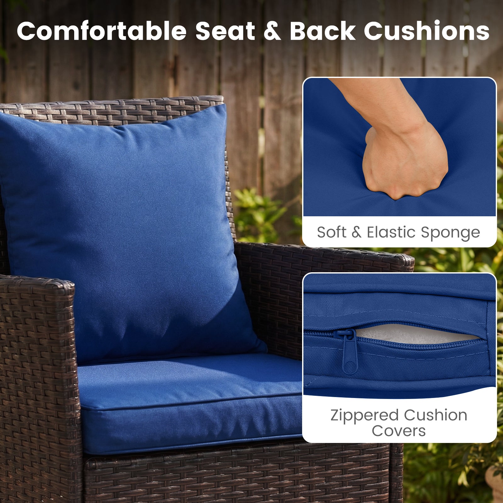 3-Piece Patio Furniture Set Rattan Bistro Chairs with 2-Tier Tempered Glass Side Table-Navy
