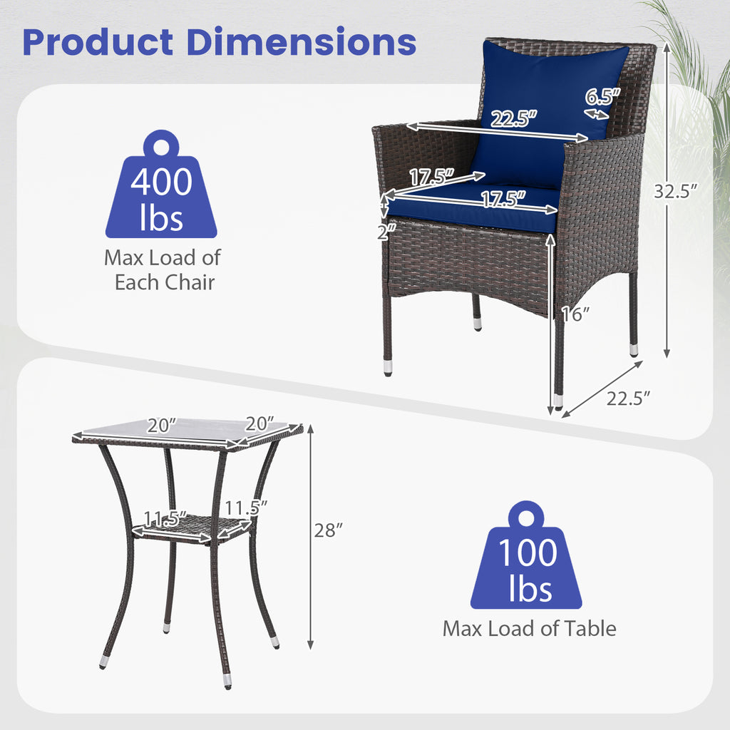 3-Piece Patio Furniture Set Rattan Bistro Chairs with 2-Tier Tempered Glass Side Table-Navy