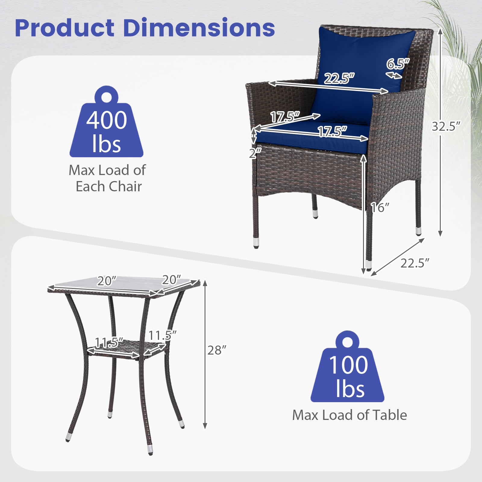 3-Piece Patio Furniture Set Rattan Bistro Chairs with 2-Tier Tempered Glass Side Table-Navy