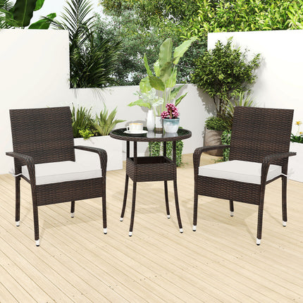 3-Piece Patio Furniture Set PE Rattan Wicker Chairs with Tempered Glass Top Table-White
