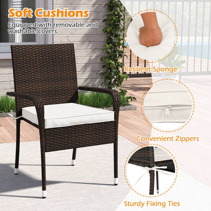 3-Piece Patio Furniture Set PE Rattan Wicker Chairs with Tempered Glass Top Table-White