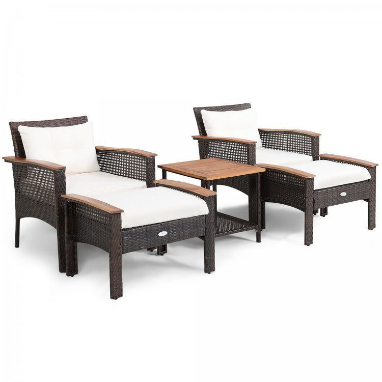 3-Piece Patio Lounge Bundle with 5-Piece PE Rattan Conversation Set  Wicker Umbrella Side Table & 7.5 FT Tilt Market Umbrella